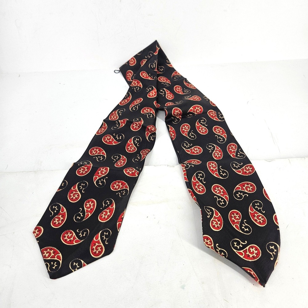 Vintage Mens Paisley Ascot Cravat Necktie Black Red Gold ~4" Retro Rockabilly